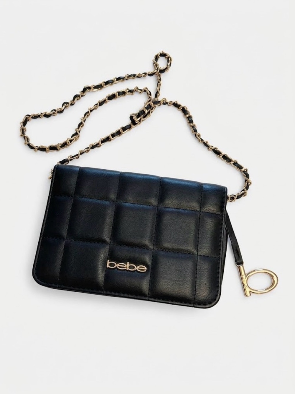 bebe Black Quilted Crossbody Bag with Gold Chain